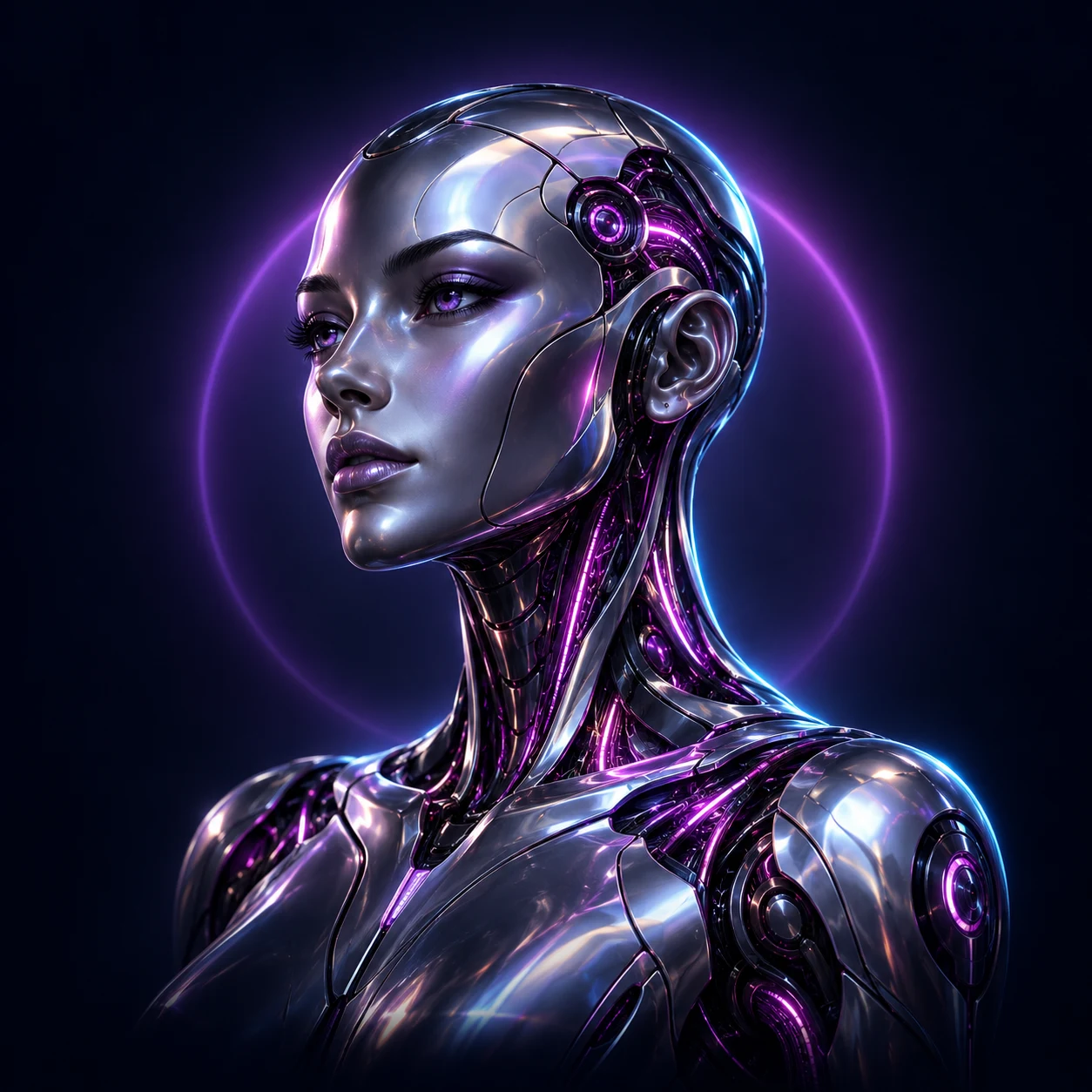 Futuristic chrome android illuminated by violet and cyan light